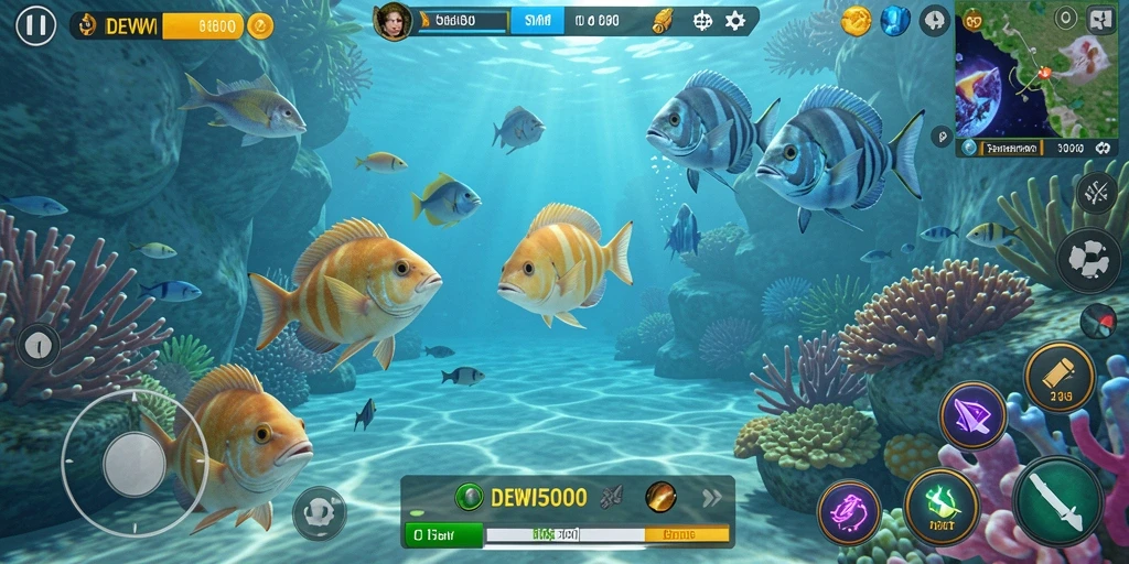 Tampilan gameplay DEWI5000 dengan berbagai ikan yang menari.