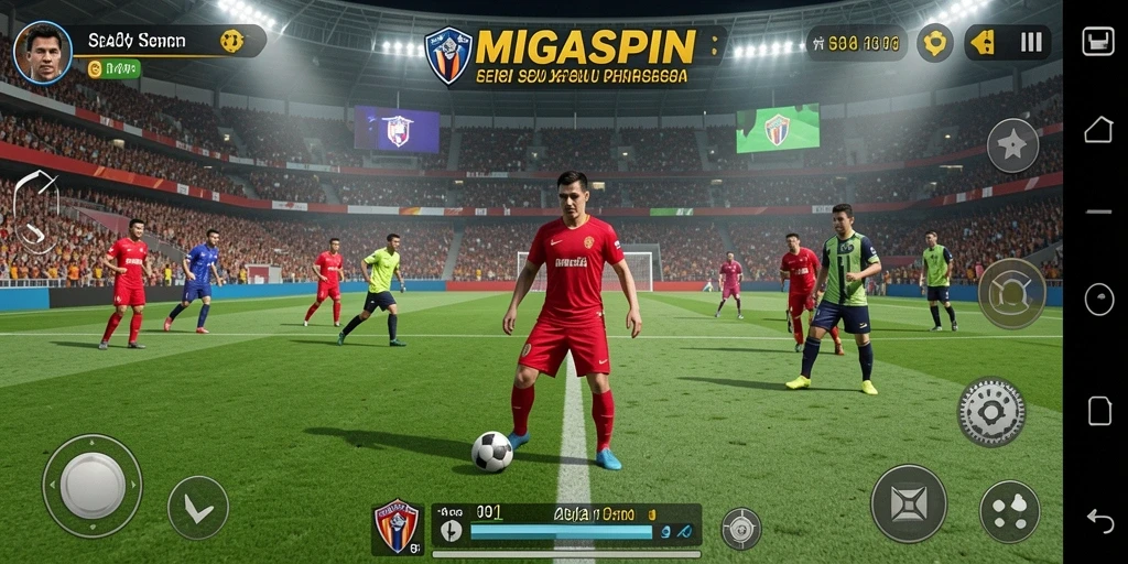 Tampilan gameplay seru MIGASPIN dalam aksi sepak bola.